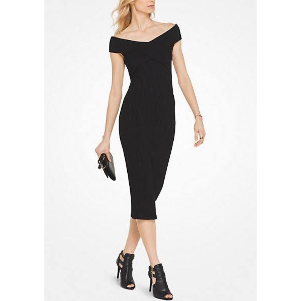 NWOT Michael Kors Black Ribbed Off the Shoulder Midi Dress, Small